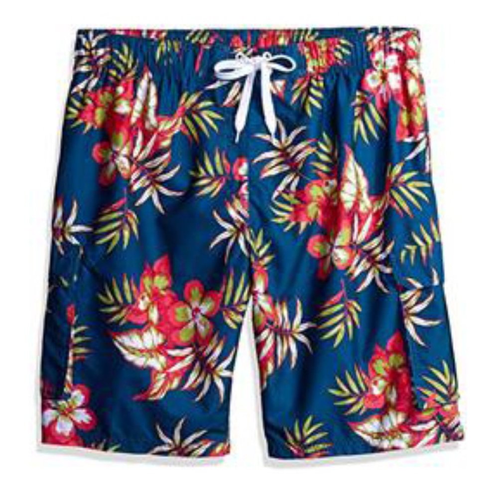 Denim Blue Tropical Floral Print Swim Trunks XXL